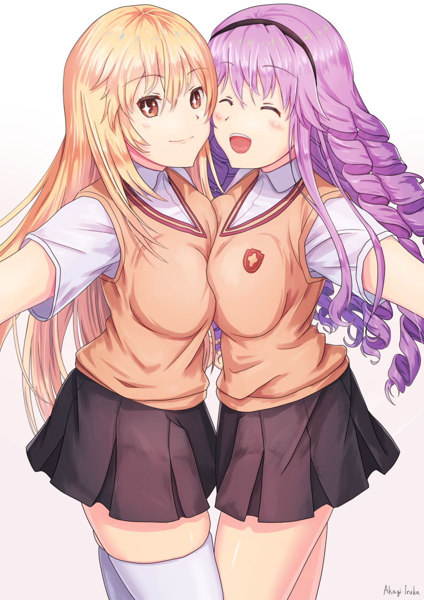1girl, 2girls, :d, akagi_iruka, artist_name, astral_buddy, black_skirt, blonde_hair, breast_press, breasts, cardigan_vest, cheek-to-cheek, closed_eyes, closed_mouth, collared_shirt, hair_between_eyes, heads_together, highres, hokaze_junko, large_breasts, long_hair, looking_at_viewer, multiple_girls, open_mouth, outstretched_arm, purple_hair, ringlets, school_uniform, shirt, shokuhou_misaki, skirt, smile, solo, star-shaped_pupils, star_(symbol), symbol-shaped_pupils, symmetrical_docking, thighhighs, toaru_kagaku_no_railgun, toaru_kagaku_no_railgun_gaiden:_astral_buddy, toaru_majutsu_no_index, toaru_majutsu_no_index_gaiden:_toaru_kagaku_no_mental_out, tokiwadai_school_uniform, white_shirt, white_thighhighs, yellow_eyes, |_|