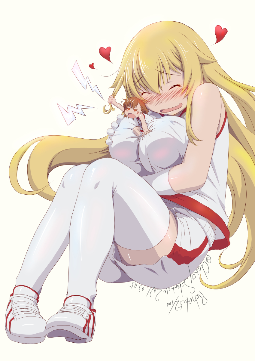 2girls, anger_vein, arm_under_breasts, between_breasts, blonde_hair, blush, breasts, brown_hair, chibi, closed_eyes, dated, elbow_gloves, floating, gloves, grabbing_another's_hair, gym_uniform, hair_between_eyes, hands_on_own_chest, heart, highres, holding_another's_hair, large_breasts, lightning_bolt_symbol, long_hair, mini_person, minigirl, misaka_mikoto, mukunoki_saburou, multiple_girls, shirt, shokuhou_misaki, short_hair, shorts, size_difference, sleeveless, thighhighs, toaru_kagaku_no_railgun, toaru_kagaku_no_railgun_t, toaru_majutsu_no_index, toaru_majutsu_no_index_gaiden:_toaru_kagaku_no_mental_out, twitter_username, white_background, white_footwear, white_gloves, white_legwear, white_shirt, white_shorts