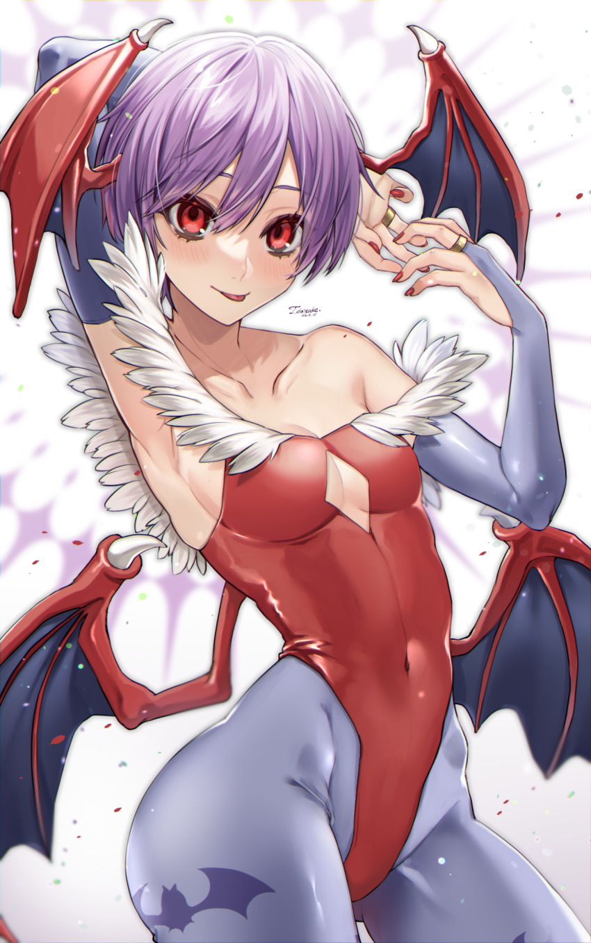 1girl, :p, animal_print, armpits, bare_shoulders, bat_print, bat_wings, blush, breasts, bridal_gauntlets, collarbone, covered_navel, demon_girl, diamond_cutout, fur_trim, head_wings, highres, leotard, lilith_(darkstalkers), looking_at_viewer, low_wings, nail_polish, pantyhose, print_pantyhose, purple_hair, purple_pantyhose, red_eyes, red_leotard, red_nails, short_hair, signature, small_breasts, solo, tatsuma_daisuke, tongue, tongue_out, upper_body, darkstalkers, white_background, wings