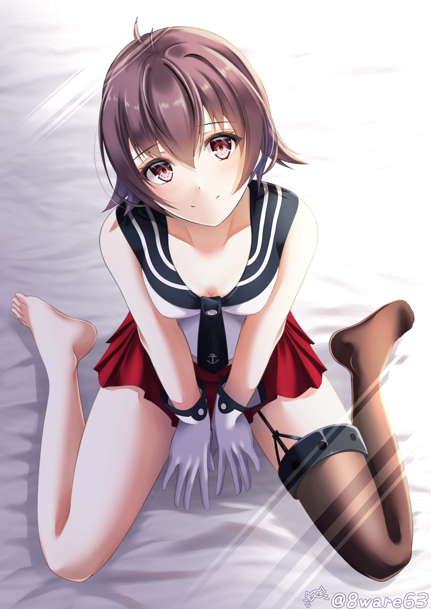 1girl, black_necktie, black_thighhighs, breasts, commission, from_above, garter_straps, gloves