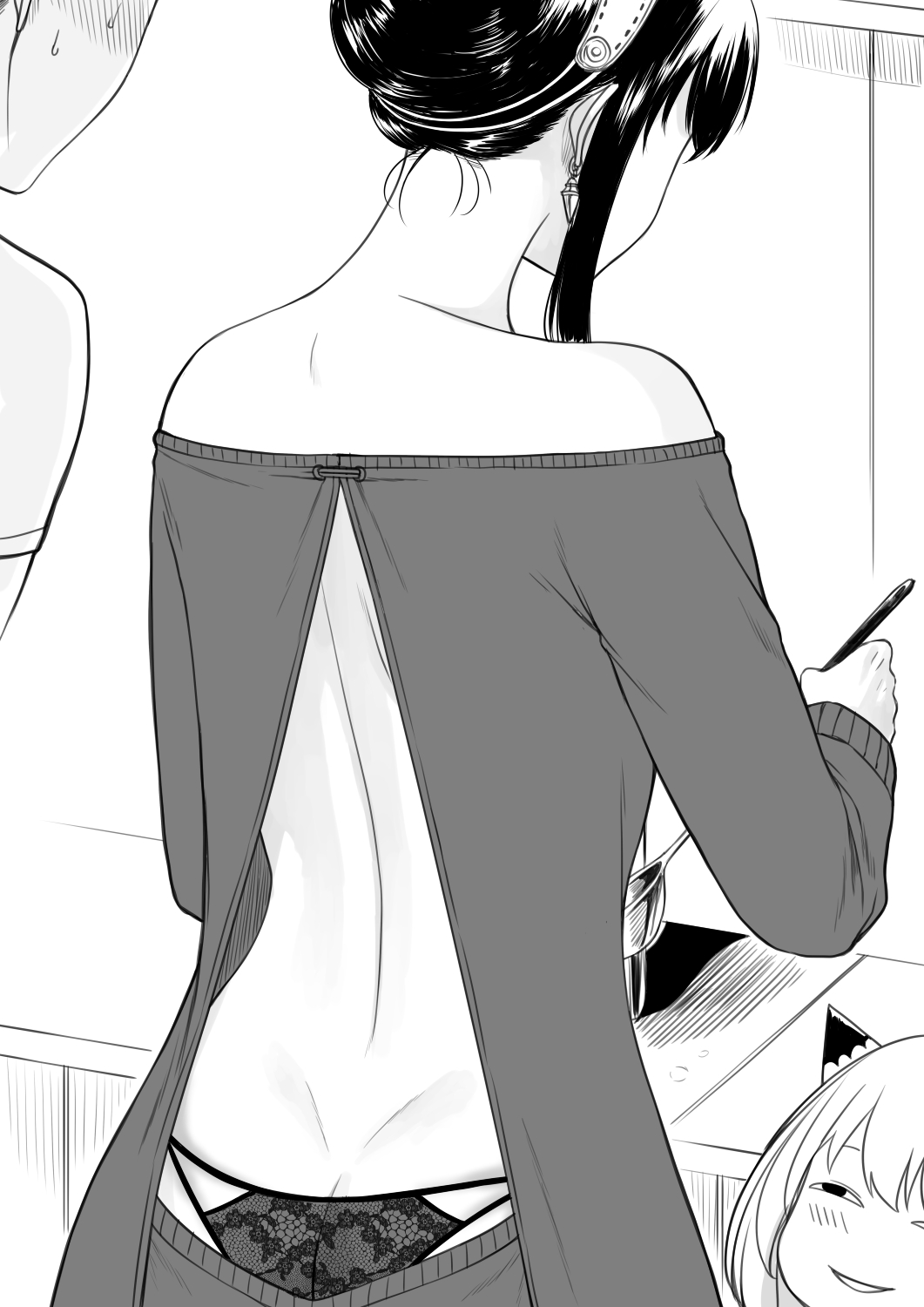 1boy, 2girls, accidental_exposure, anya's_heh_face_(meme), anya_(spy_x_family), ass, back, back_cutout