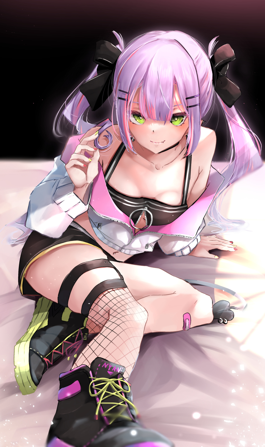 1girl, bandaid, bare_shoulders, breasts, fang, fang_out, fishnet_thighhighs, fishnets