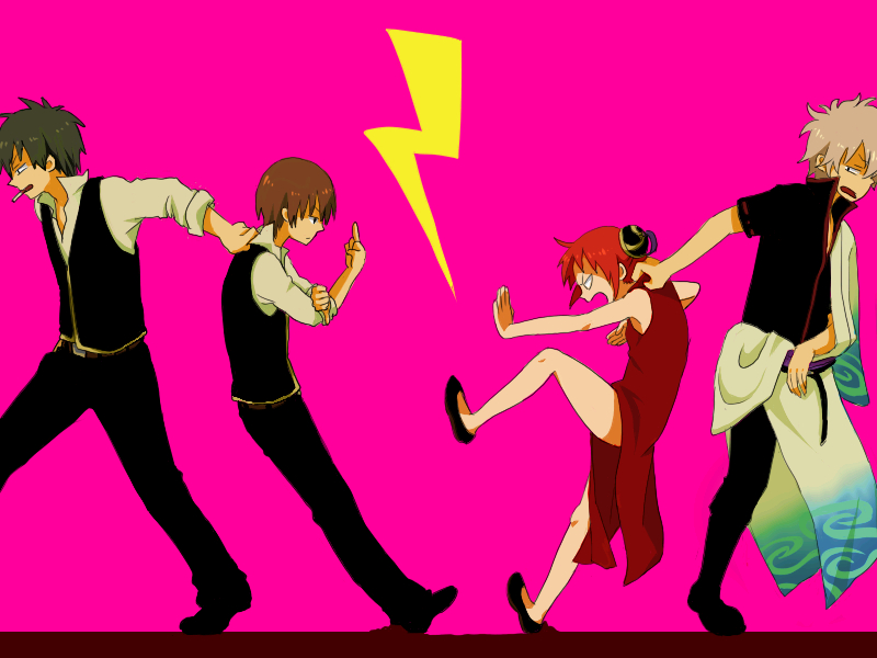 1girl, 3boys, angry, bad_id, bad_pixiv_id, brown_hair, chinese_clothes, cigarette, gintama, hijikata_toushirou, japanese_clothes, kagura_(gintama), kimono, lightning, middle_finger, multiple_boys, okita_sougo, red_hair, sakata_gintoki, short_hair, simple_background, uniform, yonchi