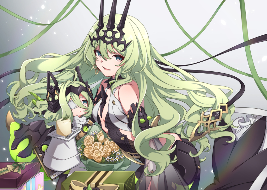 2girls, :d, asymmetrical_gloves, bare_shoulders, black_dress, black_gloves, coat, dress