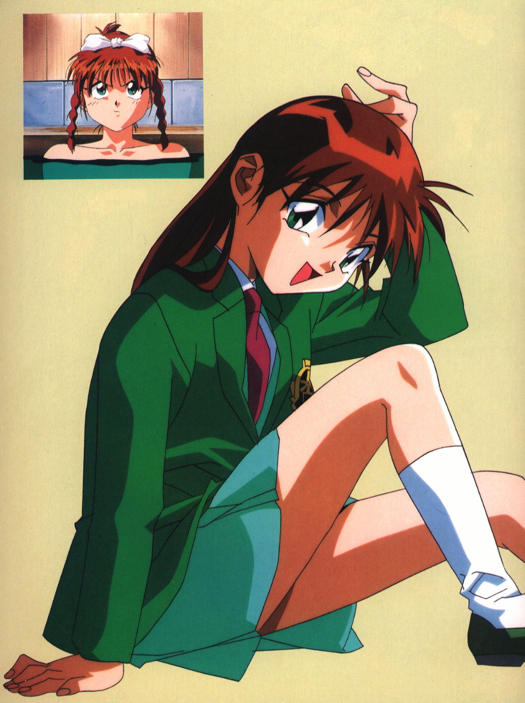 1990s_(style), artbook, badge, blue_seed, brown_hair, fujimiya_momiji, green_eyes, highres