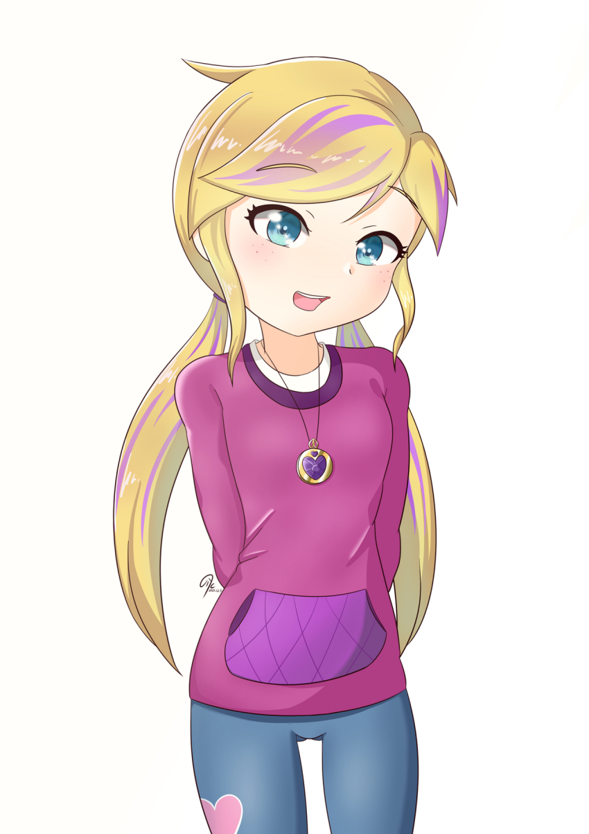 1girl, :d, blonde_hair, blue_eyes, breasts, child, denim, gluteal_fold, highres, hood, hoodie, jeans, jewelry, locket, multicolored_hair, necklace, open_mouth, pants, pendant, petite, polly_pocket, polly_pocket_(character), purple_hair, skinny, small_breasts, smile, solo, thigh_gap, tight_clothes, tight_pants, twintails, undershirt, zoxriver503