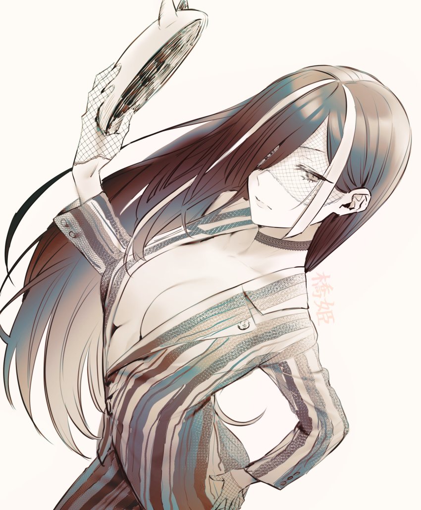 1girl, absurdres, breasts, business_suit, character_request, choker, commentary_request, contrapposto, copyright_request, dutch_angle, fishnet_gloves, fishnets, formal_clothes, gloves, hair_over_one_eye, highres, himari_(_h_i8), holding, holding_mask, jacket, lace, lace_choker, lapels, lips, long_hair, looking_at_viewer, mask, medium_breasts, monochrome, multicolored_hair, no_bra, notched_lapels, oni_mask, plunging_neckline, simple_background, solo, standing, straight_hair, streaked_hair, striped, suit, suit_jacket, translation_request, two-tone_hair, v-neck, vertical_stripes, white_background