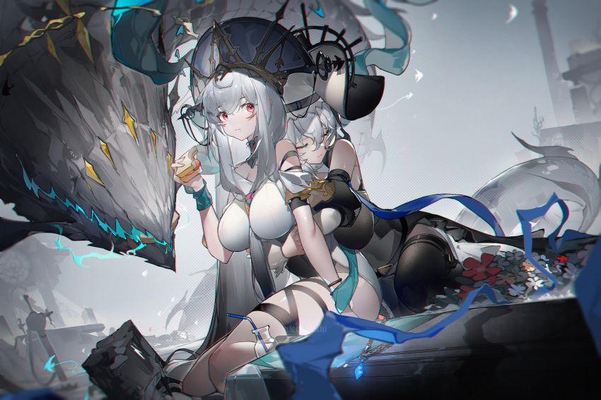 2girls, absurdres, arknights, bare_shoulders, black_dress, black_ribbon, breasts, chinese_commentary, commentary_request, dress, food, headdress, highres, holding, holding_food, hug, hug_from_behind, large_breasts, leg_ribbon, multiple_girls, off-shoulder_dress, off_shoulder, official_alternate_costume, pink_eyes, ribbon, sandwich, skadi's_seaborn_(arknights), skadi_(arknights), skadi_the_corrupting_heart_(arknights), skadi_the_corrupting_heart_(sublimation)_(arknights), specter_(arknights), specter_the_unchained_(arknights), thigh_ribbon, white_hair, yuri, yushe_quetzalli