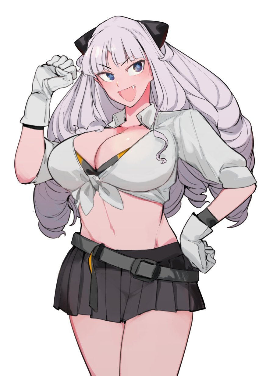 1girl, :d, absurdres, belt, black_skirt, blue_eyes, bra, bra_peek