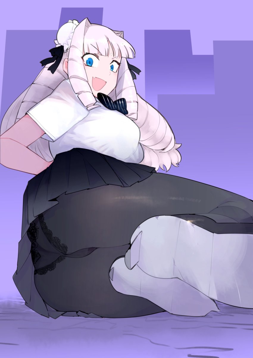 1girl, :d, ass, black_panties, black_pantyhose, black_skirt, blue_eyes, blunt_bangs, bow, bowtie, breasts, commentary_request, drill_hair, fang, fujido_oriko, giant, giant_ojou-sama, giantess, high_heels, highres, lace, lace_panties, large_breasts, long_hair, looking_at_viewer, nikukaiq, open_mouth, panties, panties_under_pantyhose, pantyhose, pantyshot, pleated_skirt, purple_background, shirt, short_sleeves, simple_background, skin_fang, skirt, smile, solo, sweatdrop, thighs, underwear, upskirt, white_hair, white_shirt