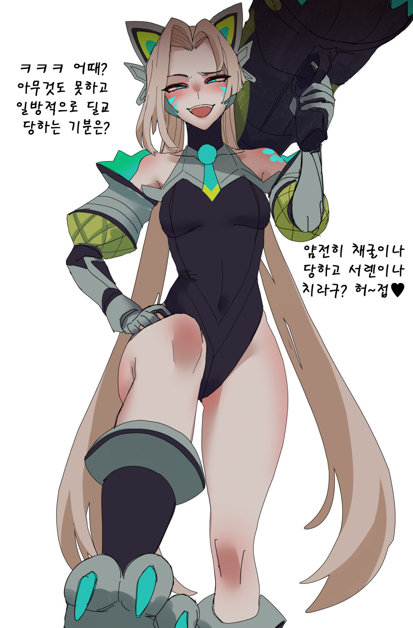 1girl, :d, absurdres, bare_shoulders, battle_cat_jinx, black_leotard, blonde_hair, breasts, covered_collarbone, covered_navel, elbow_gloves, facial_mark, from_below, gloves, green_necktie, highres, holding, holding_weapon, hudak, jinx_(league_of_legends), league_of_legends, leotard, medium_breasts, necktie, official_alternate_costume, open_mouth, parted_hair, rocket_launcher, short_necktie, smile, solo, teeth, twintails, upper_teeth_only, weapon