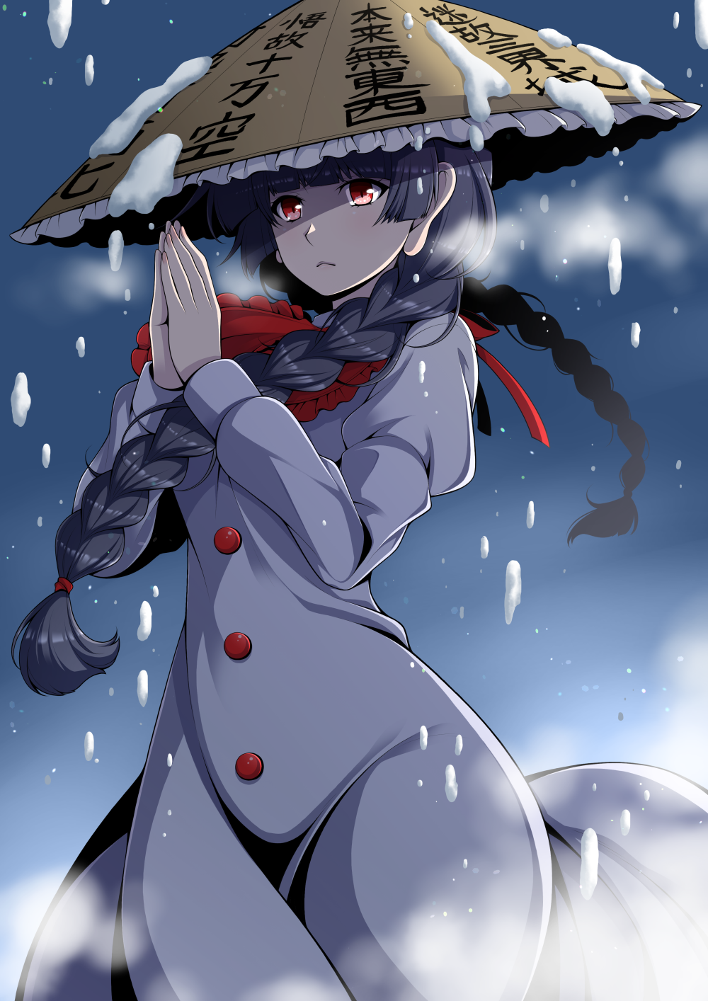 1girl, ajirogasa, bandana, black_hair, blue_background, braid, brown_hat, buttons