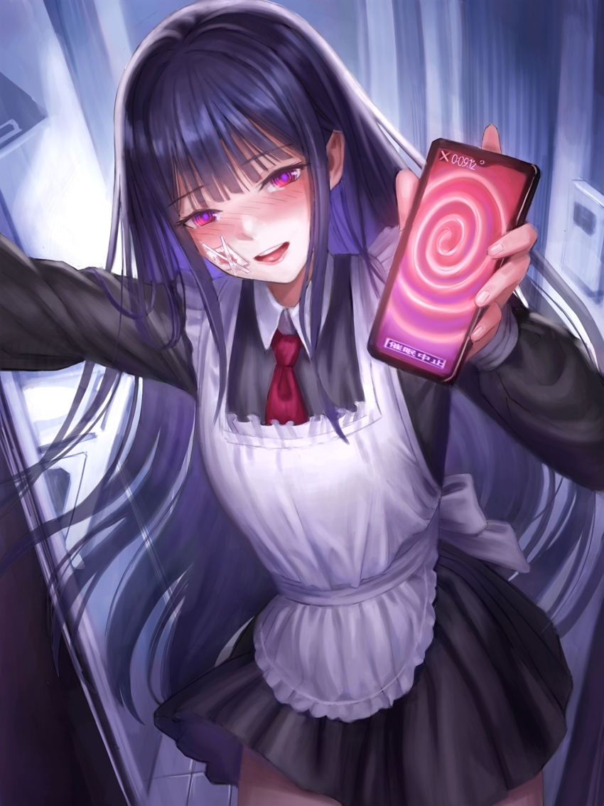 1girl, black_hair, highres, holding, holding_phone, hypnosis, kafkasea, long_hair