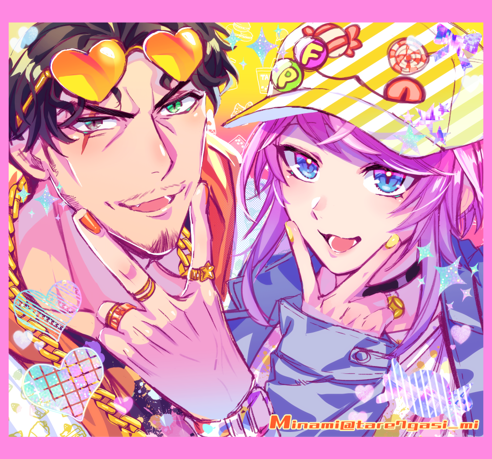 2boys, amayado_rei, amemura_ramuda, black_hair, blue_eyes, choker, facial_hair, heart, heart-shaped_eyewear, heterochromia, hypnosis_mic, jacket, jewelry, minami_shin'ya, multiple_boys, nail_polish, open_mouth, pink_hair, ring, scar, scar_across_eye, scar_on_face, short_hair, sidelocks, watch