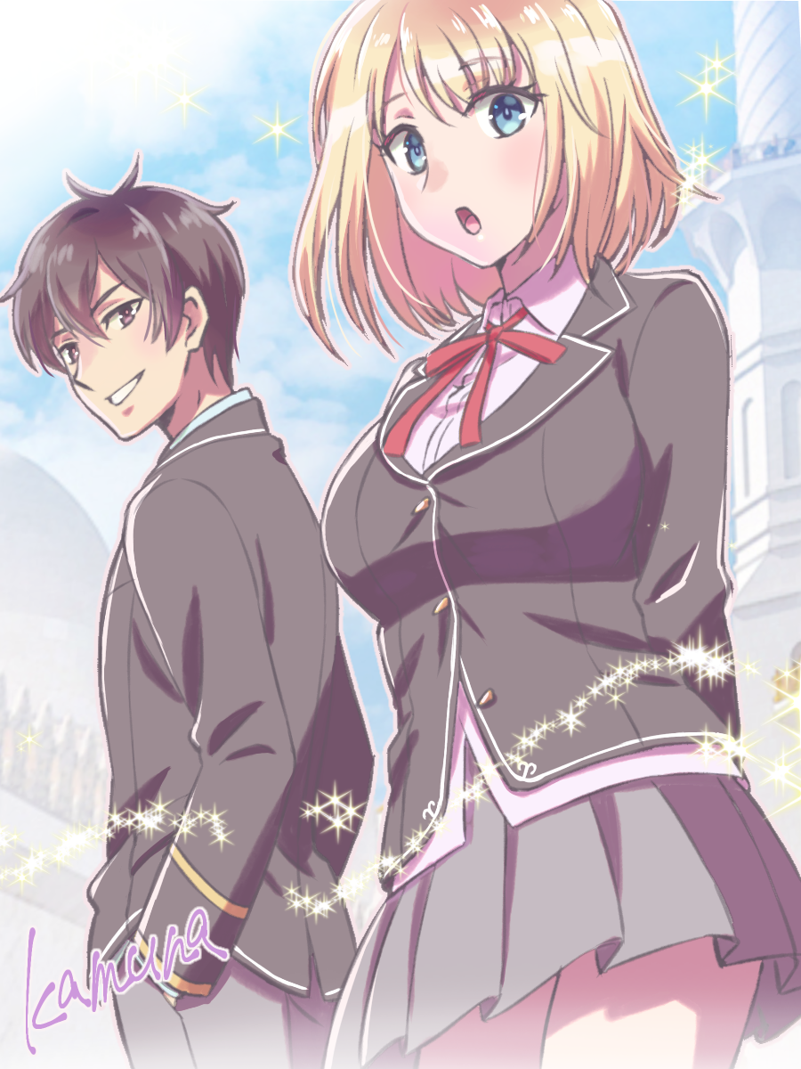 1boy, 1girl, black_eyes, black_hair, black_jacket, blazer, blonde_hair, blue_eyes, breasts, cloud, collared_shirt, hair_behind_ear, highres, jacket, leon_fou_bartfort, looking_at_viewer, medium_breasts, neck_ribbon, olivia_(mobseka), otome_game_sekai_wa_mob_ni_kibishii_sekai_desu, pink_shirt, red_ribbon, ribbon, school_uniform, shirt, sky, smile, sparkle, yayoi7