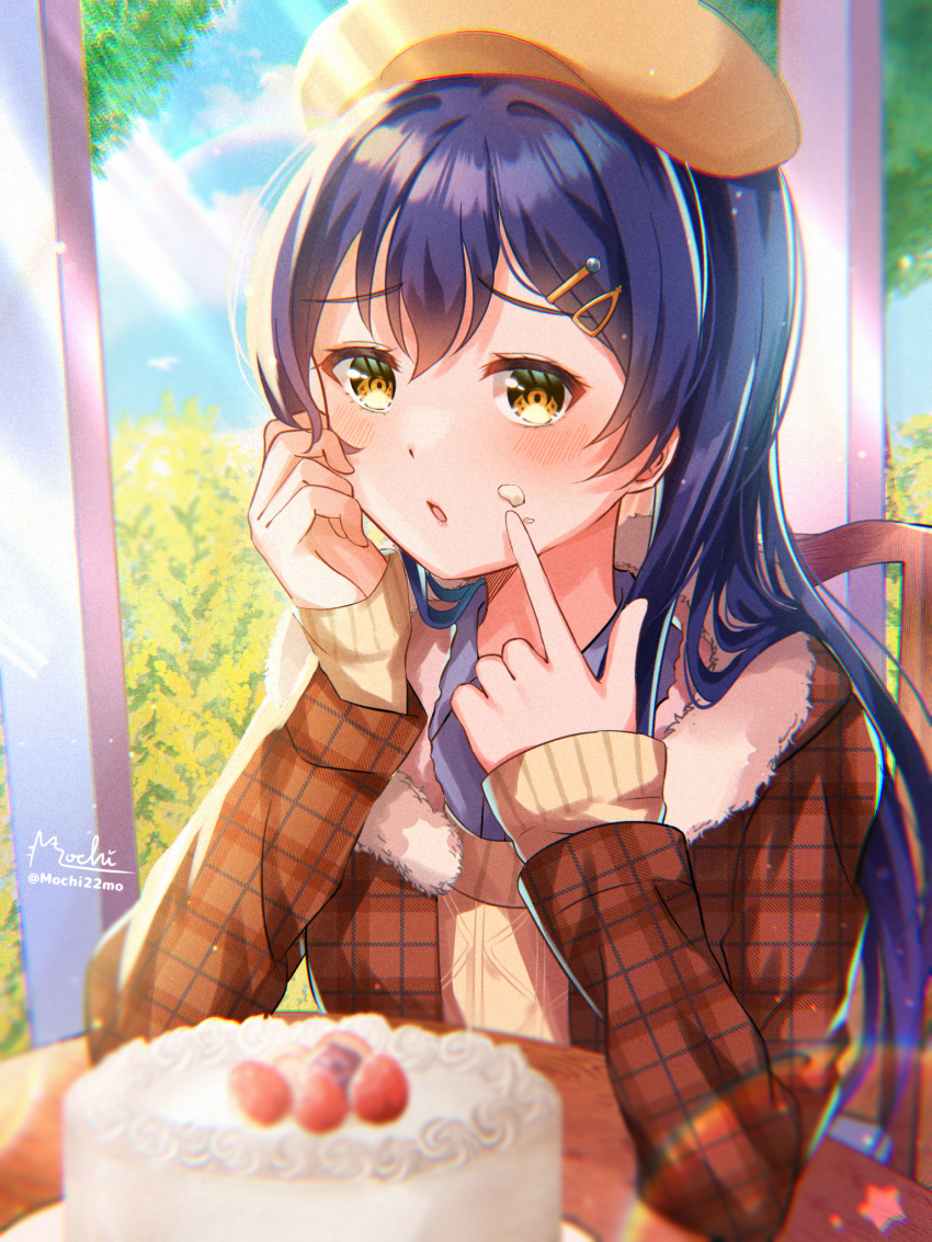 1girl, beret, blue_hair, blush, cafe, cake, chair, coat