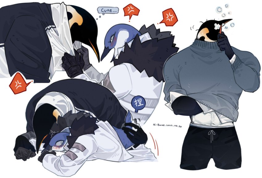 2boys, anger_vein, bara, beak, belt, bird_boy, blush, breath, chinese_text, clothes_grab, clothes_lift, collage, cropped_legs, english_text, frown, furry, furry_male, furry_with_furry, gloves, goggles, grey_sweater, highres, jacket, k-bone, male_focus, motion_lines, multiple_boys, muscular, muscular_male, original, penguin_boy, grabbing_another's_shirt, shirt_lift, size_difference, speech_bubble, sweater, tail, tail_grab, thought_bubble, translated, white_background, white_jacket, yaoi, yawning
