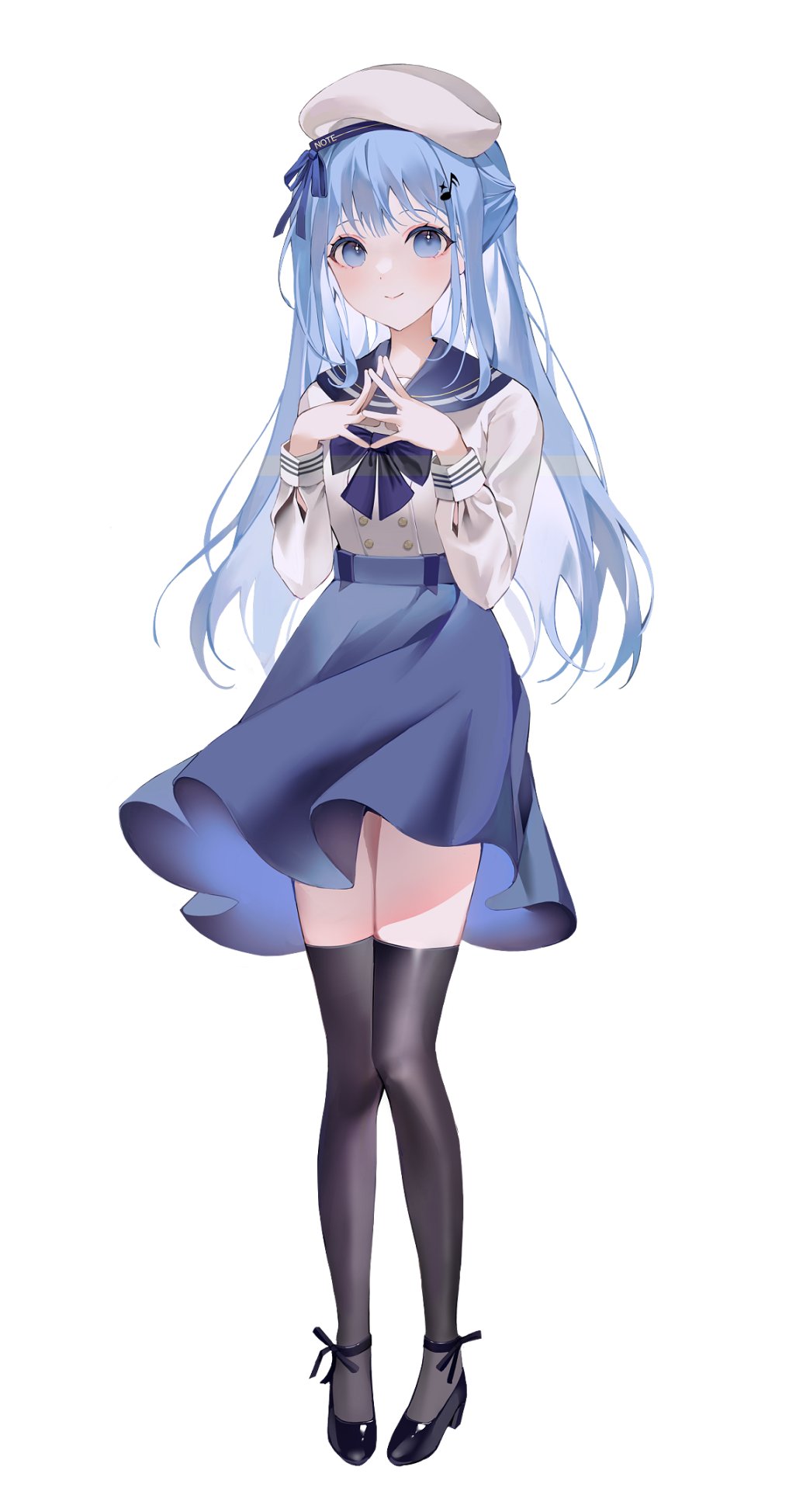 1girl, black_footwear, black_thighhighs, blue_bow, blue_bowtie, blue_eyes, blue_hair, blue_sailor_collar