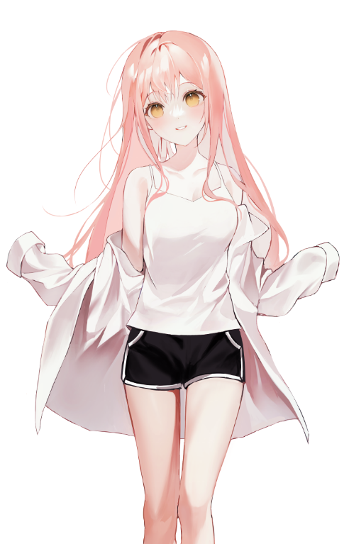 1girl, black_shorts, breasts, commentary_request, ixerx0, knees_up, light_blush, long_hair, looking_at_viewer, medium_breasts, open_clothes, open_shirt, original, parted_lips, pink_hair, shirt, short_shorts, shorts, simple_background, smile, solo, standing, tank_top, thighs, white_background, white_shirt, white_tank_top, yellow_eyes