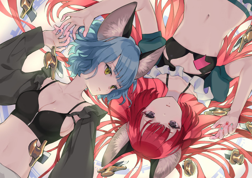 2girls, animal_ears, black_bra, black_eyes, blue_hair, blunt_bangs, bra, breasts