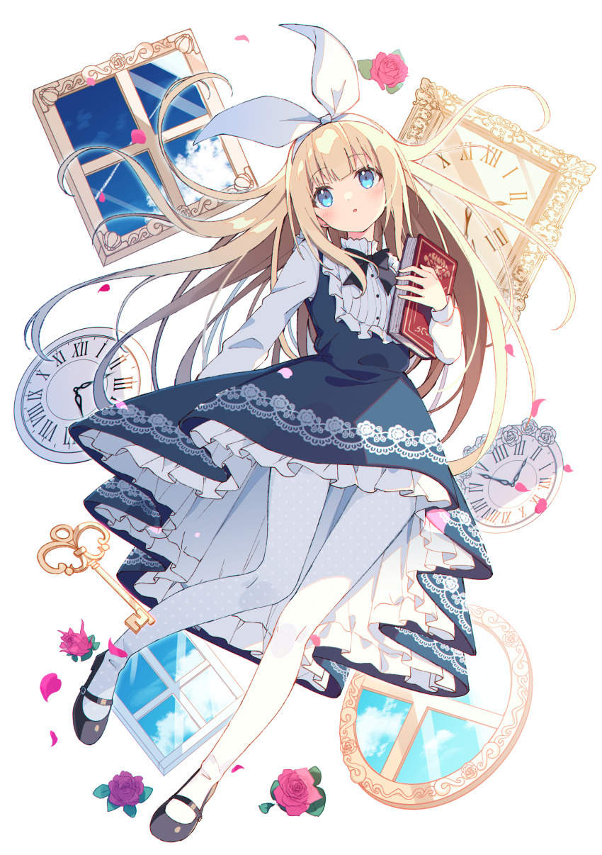 1girl, absurdres, alice_(masterwork_apocalypse), alice's_adventures_in_wonderland, black_bow, black_bowtie, black_shoes, blonde_hair