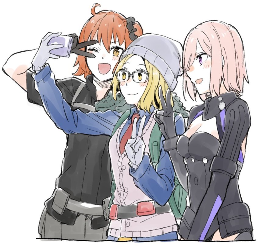 3girls, ;d, ahoge, alligator, animal, animal_on_shoulder, armor, beanie