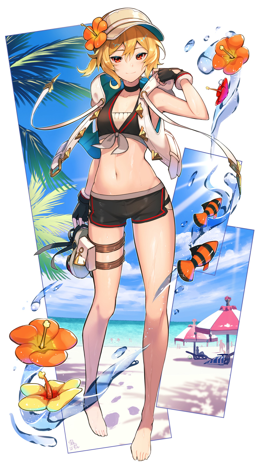 1girl, alex_(dragalia_lost), barefoot, beach, bikini, black_choker, black_gloves, blonde_hair, blue_sky, breasts, choker, cloud, day, dragalia_lost, fish, flower, front-tie_bikini_top, front-tie_top, full_body, gloves, hair_between_eyes, hat, highres, looking_at_viewer, midriff, nakabayashi_zun, navel, ocean, red_eyes, short_hair, sky, small_breasts, smile, swimsuit
