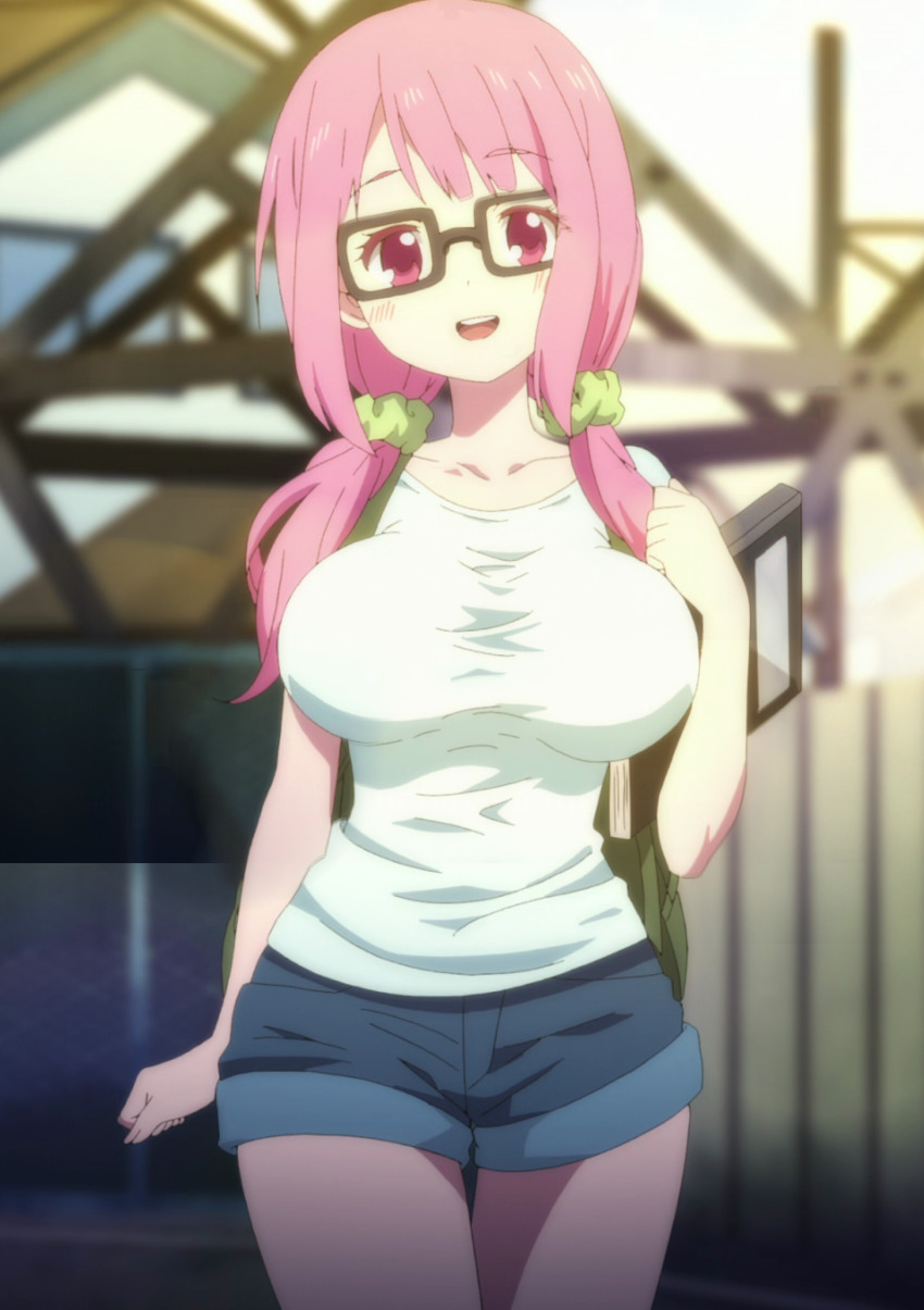 1girl, breasts, glasses, highres, large_breasts, mahou_shoujo_site, pink_hair, screencap, shioi_rina, shorts, solo