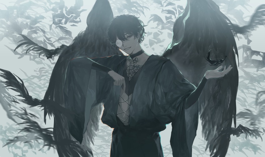 1boy, absurdres, amon_(lord_of_the_mysteries), angel, angel_wings, bird, black_eyes, black_hair