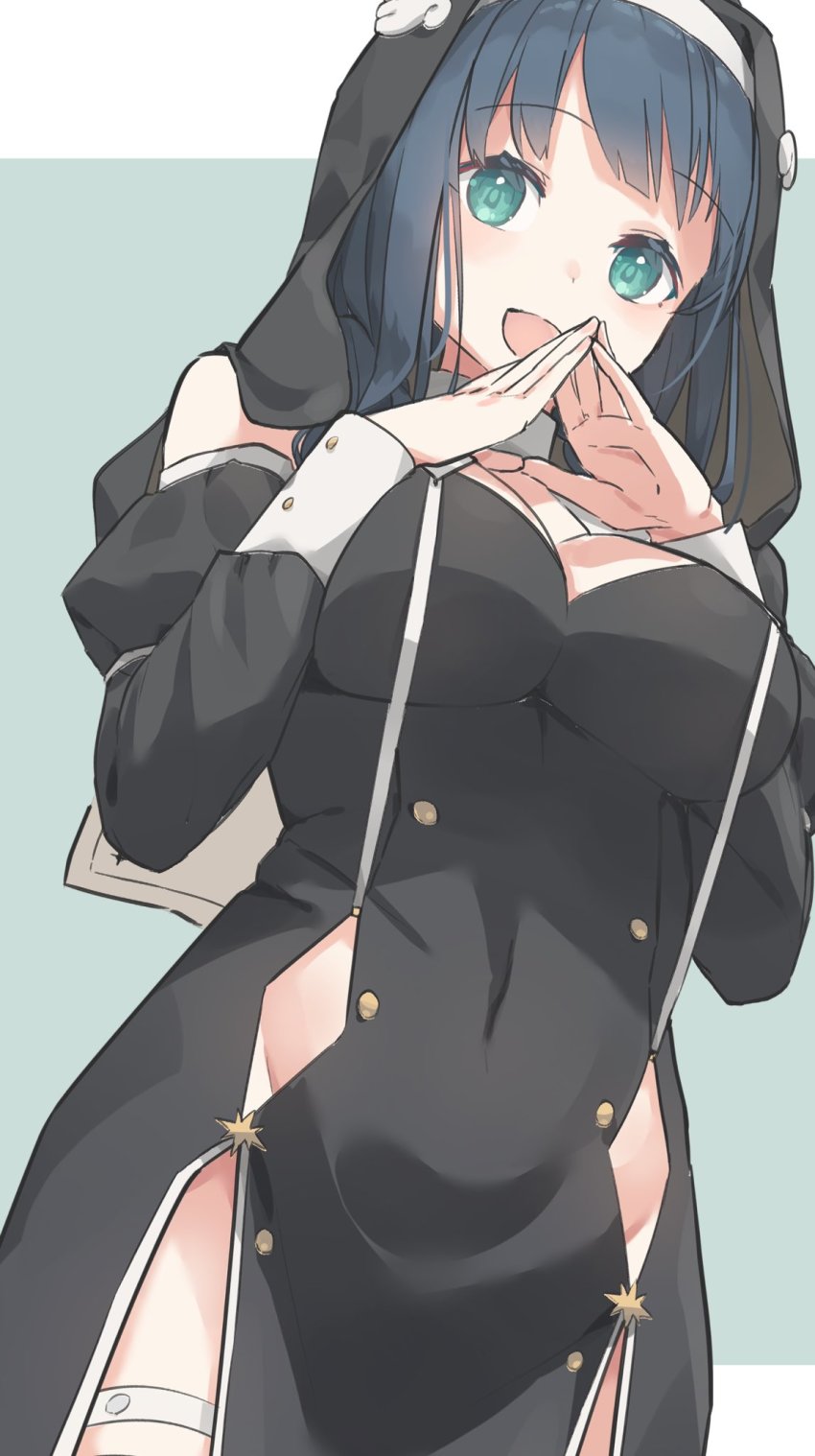 1girl, amano_nene_(vtuber), angel, bare_shoulders, blue_hair, breasts, cleavage, detached_sleeves