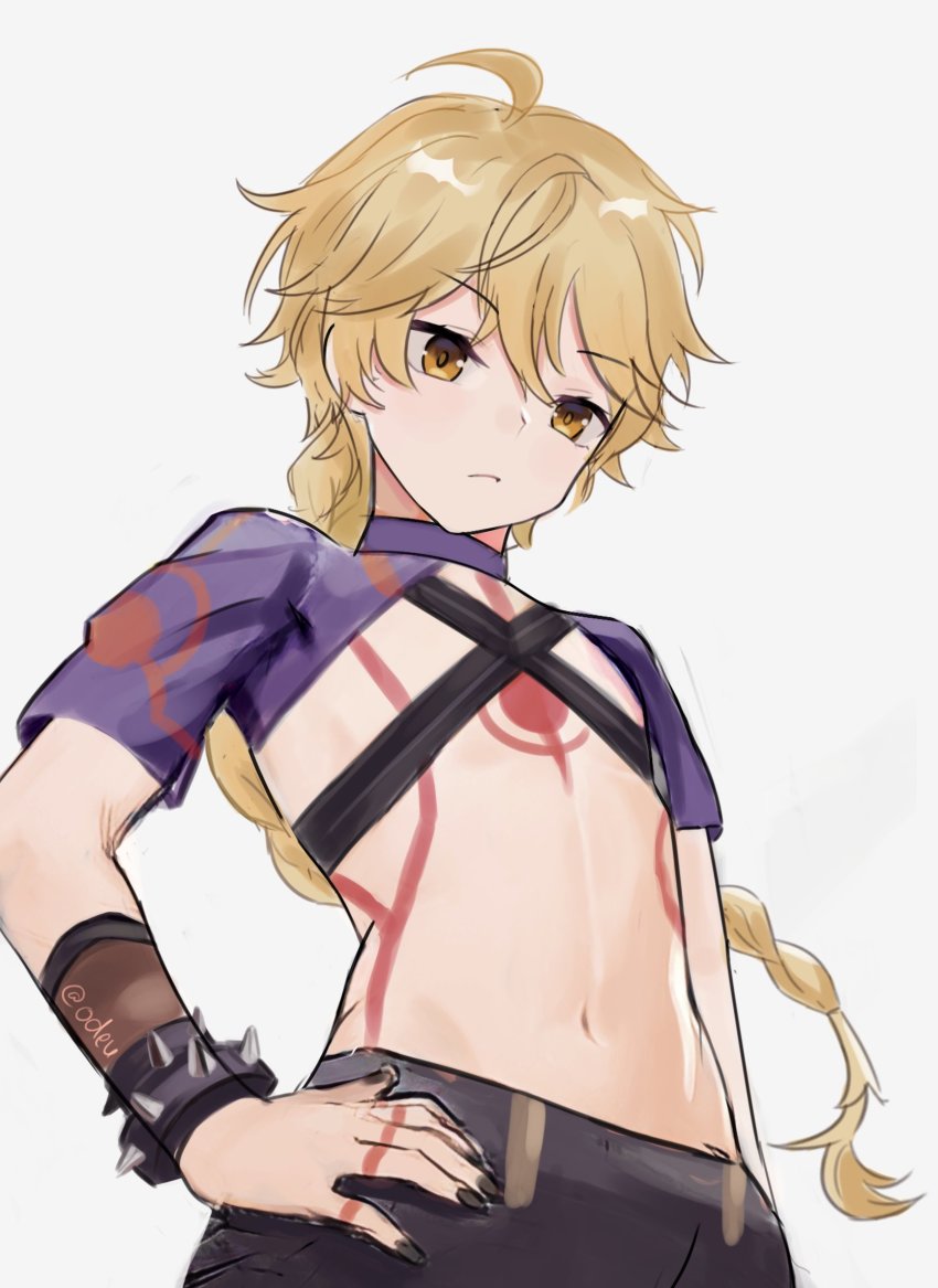 1boy, aether_(genshin_impact), arataki_itto, arataki_itto_(cosplay), black_nails, blonde_hair, bracelet, braid