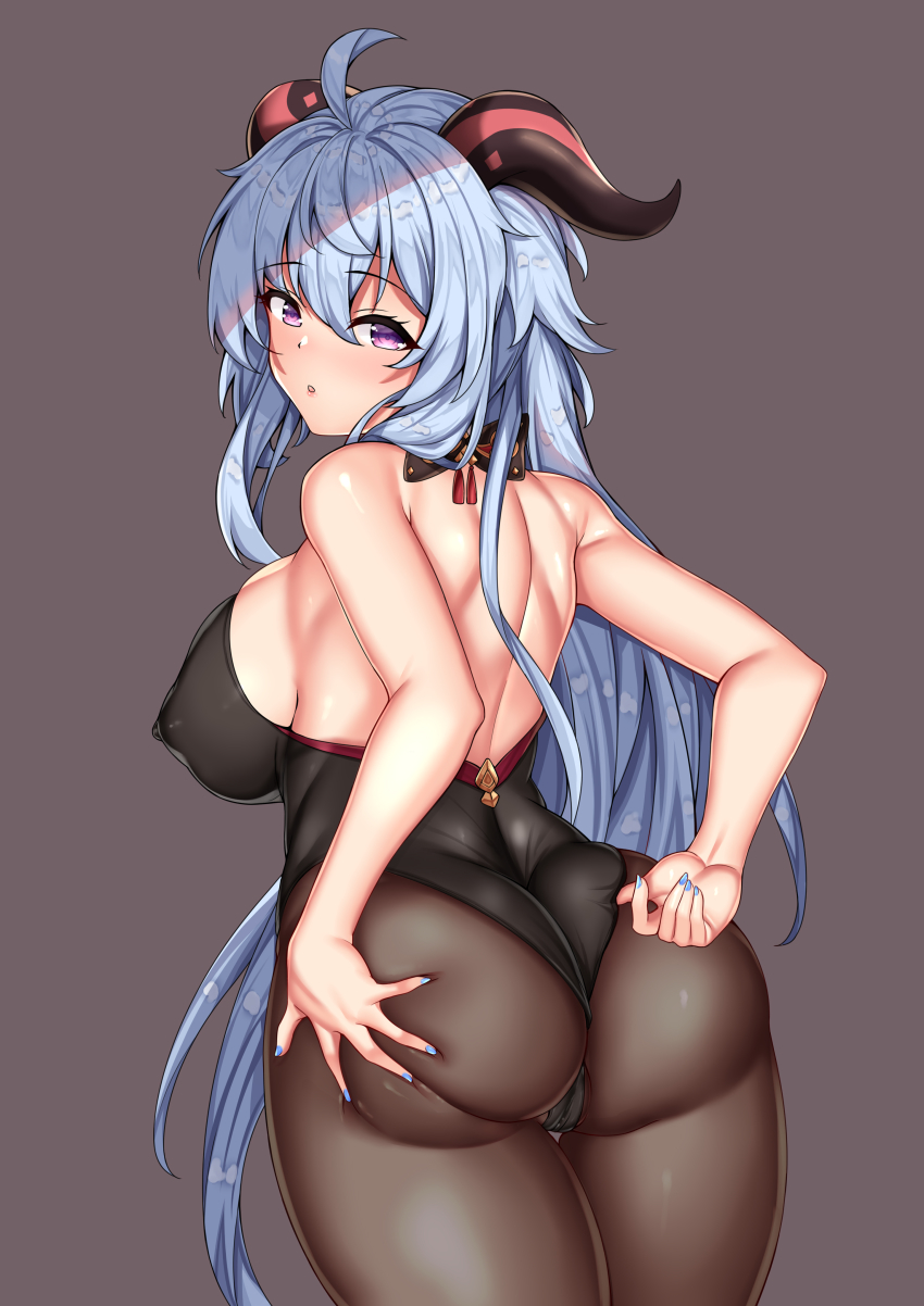1girl, absurdres, ahoge, arms_behind_back, ass, back, backless_outfit, bare_shoulders, black_leotard, black_pantyhose, blue_hair, blush, bodystocking, bodysuit, bow, breasts, covered_erect_nipples, from_behind, frown, ganyu_(genshin_impact), genshin_impact, grabbing_own_ass, grey_background, hair_ribbon, highres, horns, large_breasts, leotard, leotard_under_clothes, long_hair, looking_at_viewer, looking_back, low_ponytail, lumu_yuanxiang, nail_polish, open_mouth, pantyhose, ponytail, purple_eyes, ribbon, sideboob, simple_background, solo