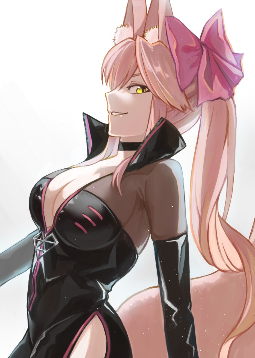 1girl, absurdres, animal_ear_fluff, animal_ears, black_bodysuit, bodysuit, breasts, center_opening, choker, cleavage, clothing_cutout, collarbone, fate/grand_order, fate_(series), fox_ears, fox_girl, fox_tail, hair_ribbon, highres, hip_vent, koyanskaya_(assassin)_(first_ascension)_(fate), koyanskaya_(fate), large_breasts, long_hair, looking_at_viewer, looking_to_the_side, omame_korokor, open_bodysuit, open_clothes, pink_hair, pink_ribbon, ribbon, side_ponytail, simple_background, solo, tail, very_long_hair, white_background
