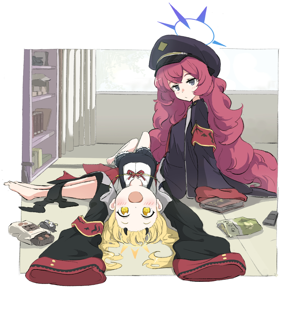 2girls, arm_support, armband, bag_of_chips, barefoot, black_skirt, blonde_hair, blue_archive, blush, book, chips_(food), chocolate, curtains, food, forehead, halo, hat, horns, ibuki_(blue_archive), iroha_(blue_archive), jacket, long_hair, long_sleeves, lying, lying_on_lap, lying_on_person, military, military_hat, military_uniform, multiple_girls, on_back, open_mouth, peroro_(blue_archive), potato_chips, pre_sktch, red_hair, safety_pin, shelf, shirt, skirt, sleeves_past_wrists, smile, snack, socks, unworn_socks, white_shirt