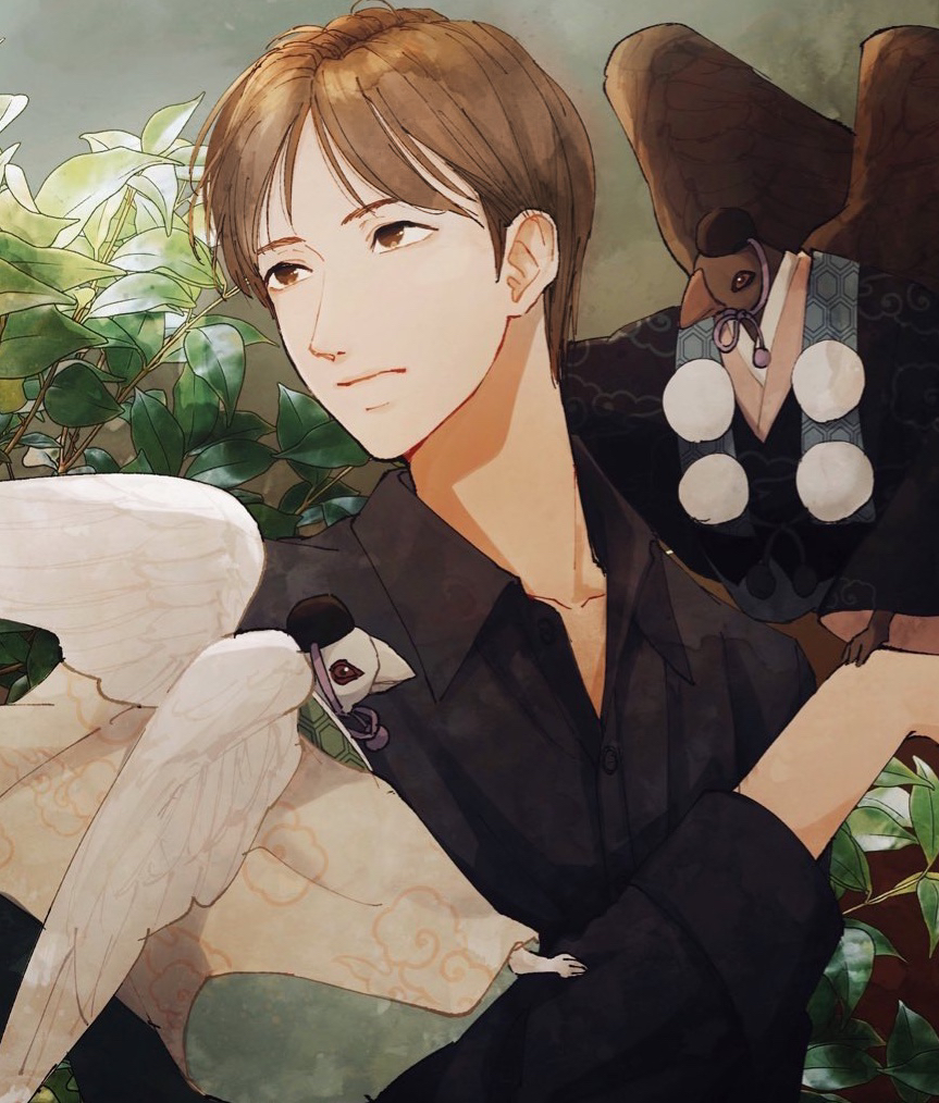 1boy, animal, bird, black_shirt, brown_eyes, brown_hair, character_request, closed_mouth, clothed_animal, collared_shirt, hat, hyakki_yakoushou, male_focus, shirt, solo, tate_eboshi, tsunko_(9v2_q), wing_collar