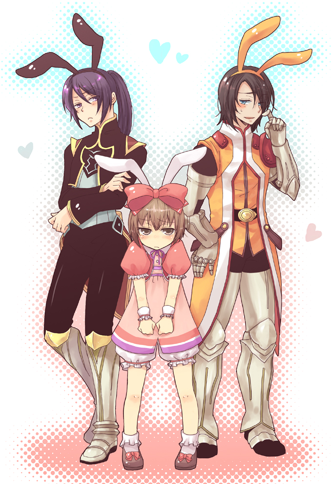 00s, 3boys, alternate_costume, animal_ears, armor, bad_id, bad_pixiv_id, black_eyes
