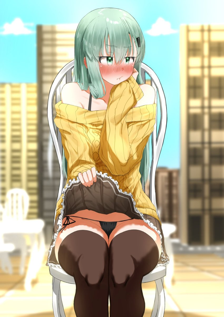 1girl, aqua_eyes, aqua_hair, bag, black_panties, blue_sky, blush, brown_thighhighs