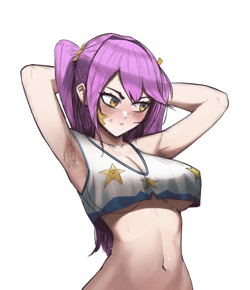1girl, absurdres, armpit_hair, arms_behind_head, arms_up, blush, breasts, cheerleader, danganronpa_another, danganronpa_another:_another_despair_academy, grey_background, hair_ornament, highres, jirra_(jirrasvault), large_breasts, long_hair, navel, orange_eyes, pink_hair, simple_background, solo, star_(symbol), star_print, star_tattoo, tattoo, tomori_kizuna, twintails