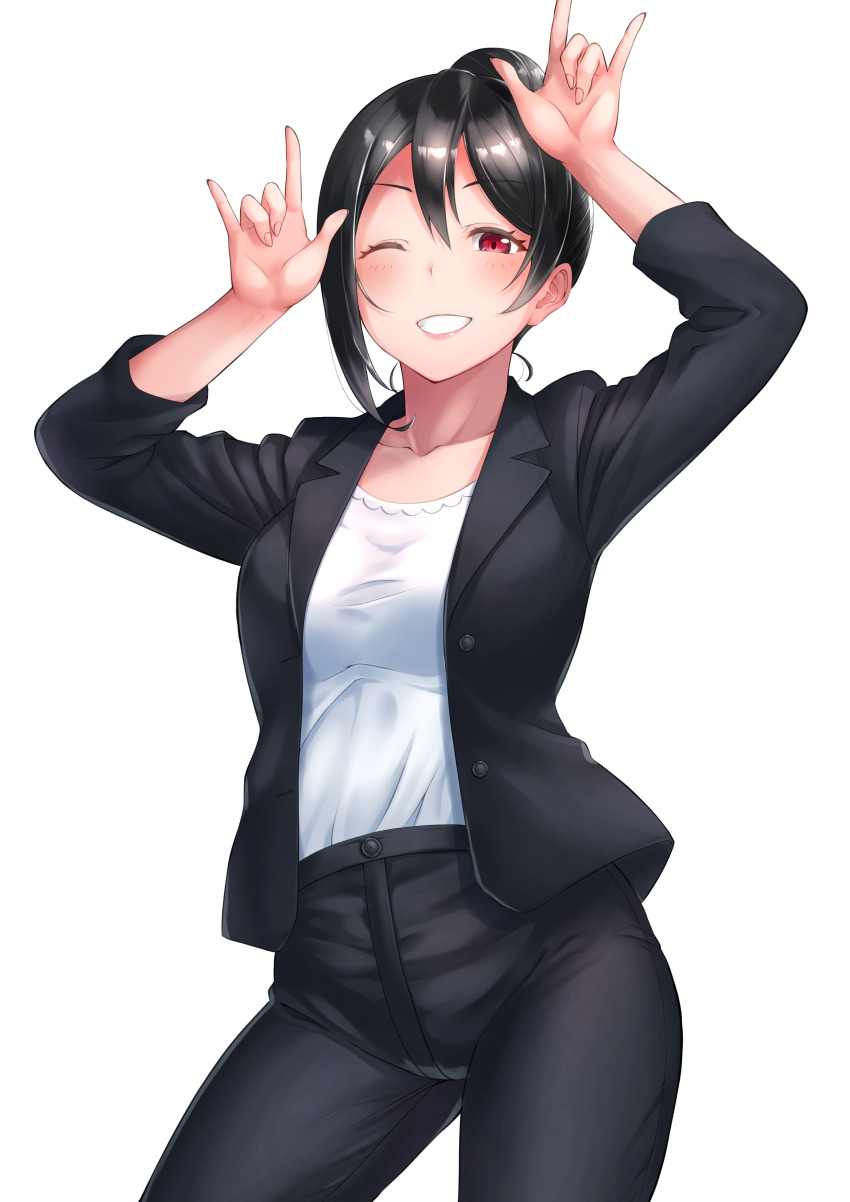 1girl, absurdres, arms_up, black_hair, black_jacket, black_pants, chishio_(onoderayui), collarbone