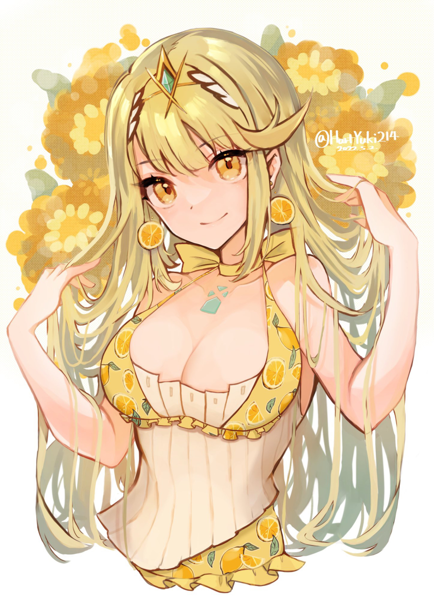 alternate_costume, blonde_hair, breasts, chest_jewel, cleavage, dress, earrings, food