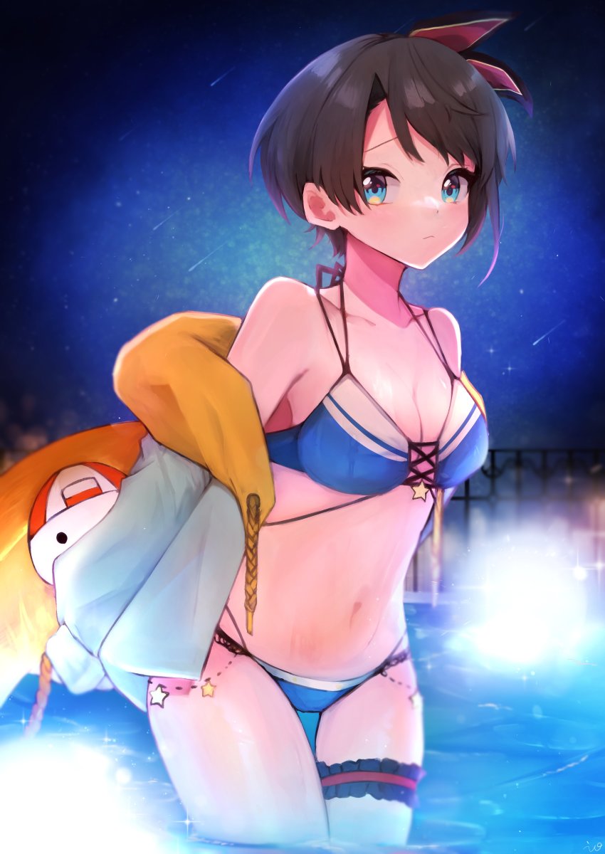 1girl, absurdres, bikini, black_hair, blue_bikini, blue_bra, blue_eyes, blue_panties
