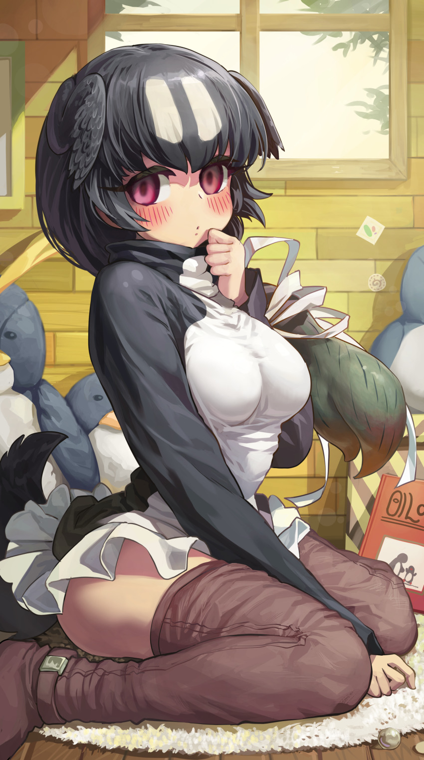 1girl, absurdres, between_legs, bird_tail, black_hair, blush, boots, breasts, day, great_auk_(kemono_friends), hand_between_legs, hand_on_own_chin, hand_up, head_wings, highres, indoors, kemono_friends, large_breasts, long_sleeves, looking_at_viewer, medium_breasts, melaton, multicolored_hair, purple_eyes, sitting, solo, stuffed_toy, tail, thigh_boots, thighhighs, wariza, window, wings