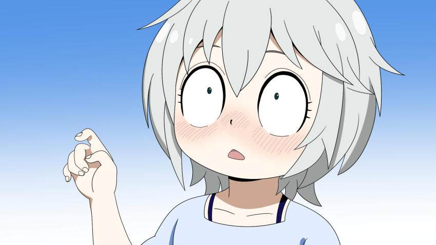 0_0, anastasia_(idolmaster), anya_(spy_x_family), bkgoldenwolf, blue_background, blue_shirt, blush, chestnut_mouth