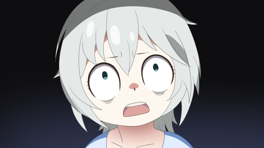 0_0, anastasia_(idolmaster), anya_(spy_x_family), bags_under_eyes, bkgoldenwolf, blue_eyes, blue_shirt, collarbone, commentary, constricted_pupils, dark_background, grey_hair, hair_between_eyes, highres, idolmaster, idolmaster_cinderella_girls, looking_up, name_connection, open_mouth, parody, scared, shirt, short_hair, solo, spy_x_family, teeth, upper_body, upper_teeth_only