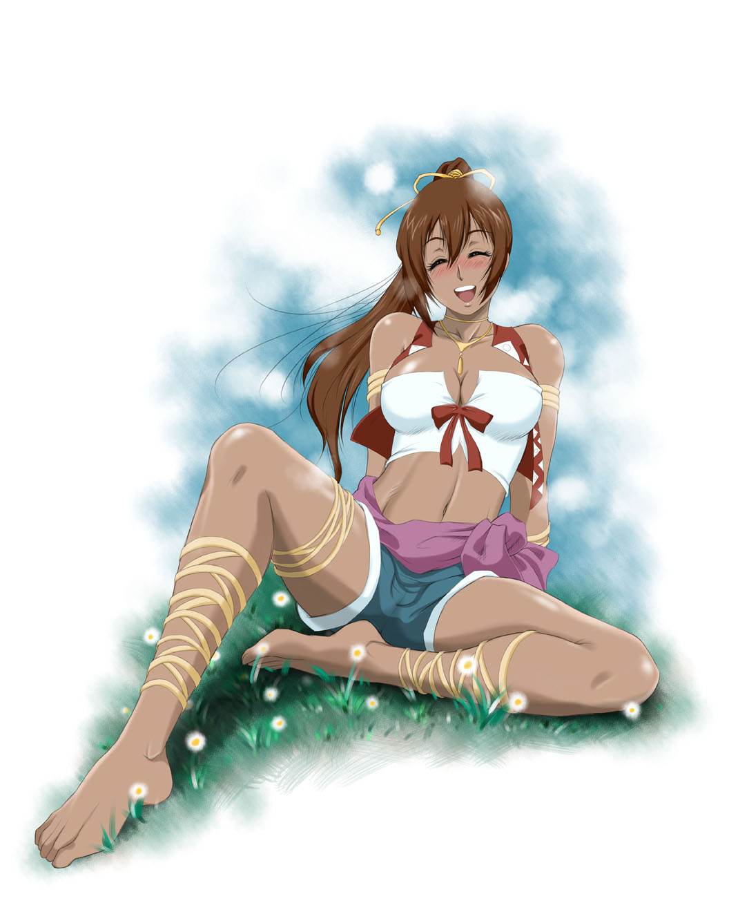 00s, 1girl, ankle_lace-up, arm_support, barefoot, blush, breasts, brown_hair, cleavage, closed_eyes, dark-skinned_female, dark_skin, female_focus, highres, leaning_back, leg_ribbon, legs, midriff, navel, noloty, noloty_malche, ponytail, ribbon, sabachiyo_land, sitting, solo, strapless, tatakau_shisho, thigh_ribbon, tube_top