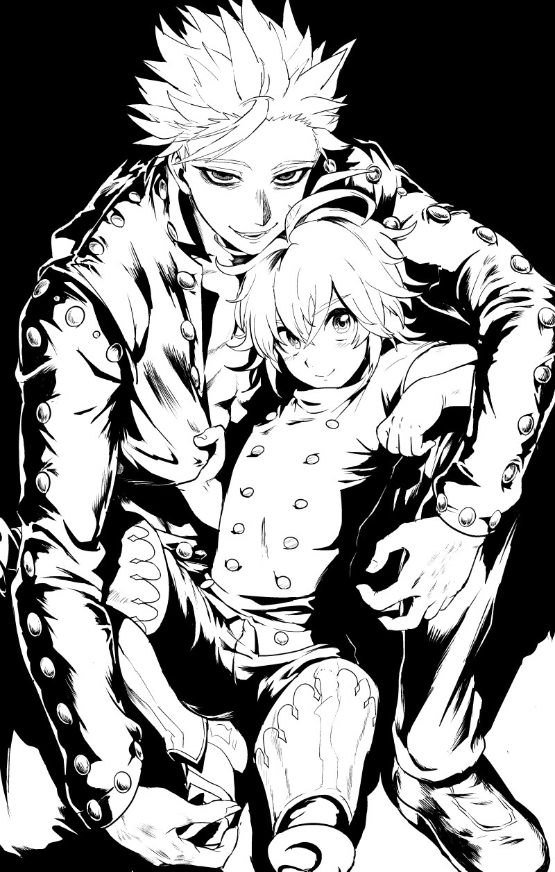 2boys, ahoge, antenna_hair, ban_(nanatsu_no_taizai), black_background, blush, buttons, double-breasted, greyscale, highres, jacket, leather, leather_jacket, long_hair, long_sleeves, looking_at_viewer, male_focus, meliodas, monochrome, multiple_boys, nanatsu_no_taizai, open_mouth, poiaya, sanpaku, scar, short_hair, simple_background, sitting, smile, spiked_hair