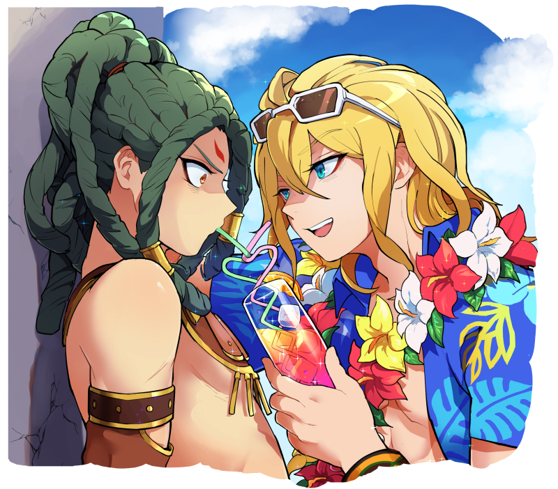 2boys, barbatos_(megido72), beach, blonde_hair, blue_eyes, blue_shirt, blue_sky, crazy_straw, cup, dreadlocks, drink, drinking, drinking_glass, drinking_straw, eyewear_on_head, flower, flower_necklace, gaap_(megido72), glass, green_hair, hawaiian_shirt, heart_straw, holding, holding_cup, jewelry, kabedon, lei, long_hair, male_focus, megido72, multiple_boys, necklace, open_mouth, outdoors, poiaya, ponytail, sharing_food, shirt, sky, smile, sunglasses, t-shirt, topless_male, white-framed_eyewear, yaoi