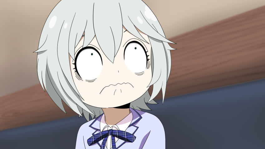 0_0, anastasia_(idolmaster), anya_(spy_x_family), bkgoldenwolf, blouse, blue_jacket, blue_ribbon, checkered_ribbon, closed_mouth, commentary, constricted_pupils, dot_nose, grey_hair, hair_between_eyes, highres, idolmaster, idolmaster_cinderella_girls, indoors, jacket, looking_at_another, looking_up, name_connection, neck_ribbon, parody, ribbon, shirt, short_hair, solo, spy_x_family, wall, wavy_mouth, white_shirt, wing_collar