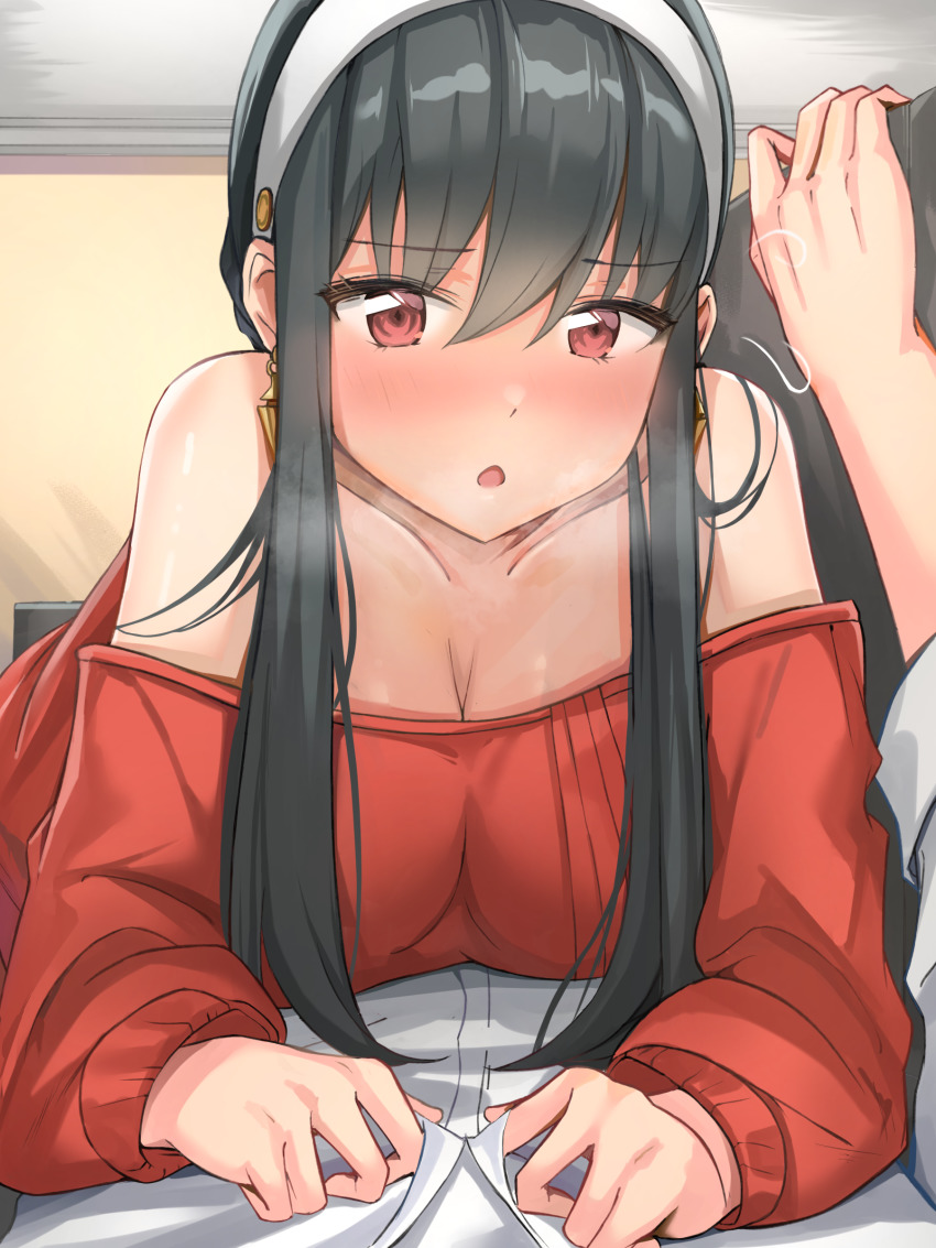 1boy, 1girl, :o, absurdres, black_hair, blush, breasts, breath, cleavage, couch, couple, earrings, eru_(aeeu2243), flying_sweatdrops, full-face_blush, girl_on_top, gold_earrings, hair_between_eyes, hairband, hetero, highres, husband_and_wife, jewelry, large_breasts, long_hair, lying, off-shoulder_sweater, off_shoulder, on_couch, on_person, on_stomach, pov, red_eyes, red_sweater, shirt, sidelocks, solo_focus, spy_x_family, sweater, twilight_(spy_x_family), white_hairband, white_shirt, yor_briar