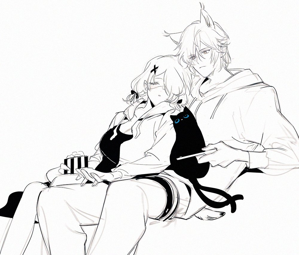 1boy, 1girl, animal_ears, arknights, black_cat, blue_eyes, cat, cat_boy